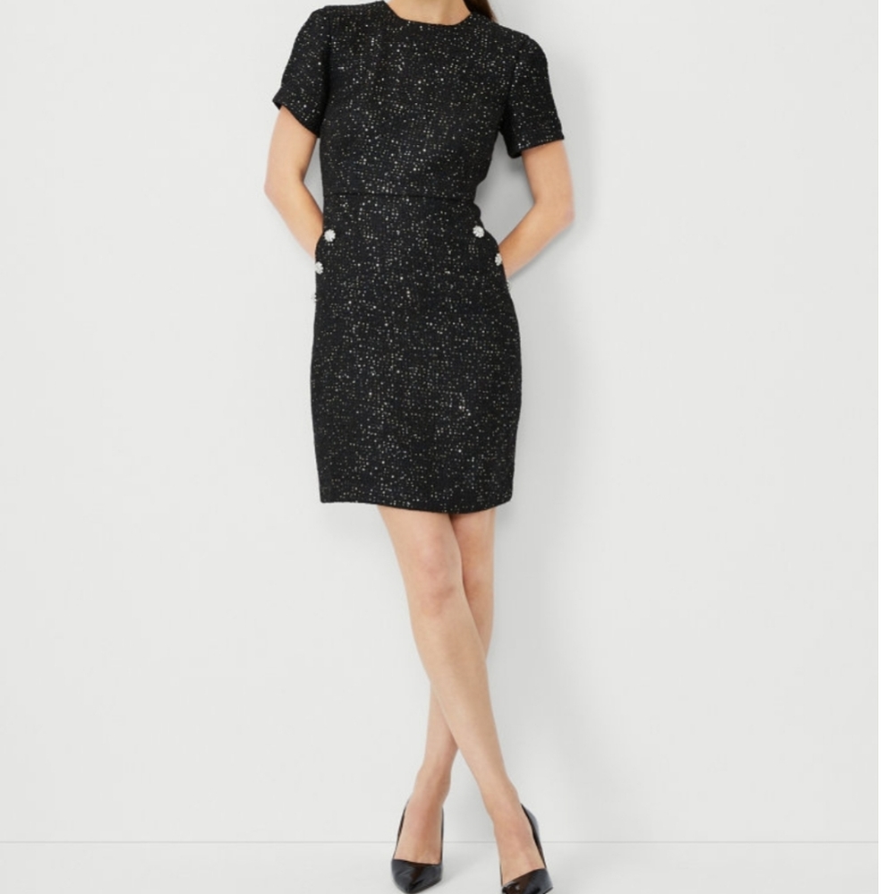 Ann Taylor Black Sparkle Button Trim Sequin Tweed Dress
